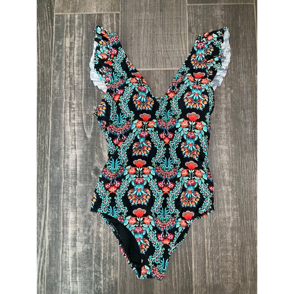 Jessica Simpson Floral Print Ruffled One-Piece Swimsuit Size Medium